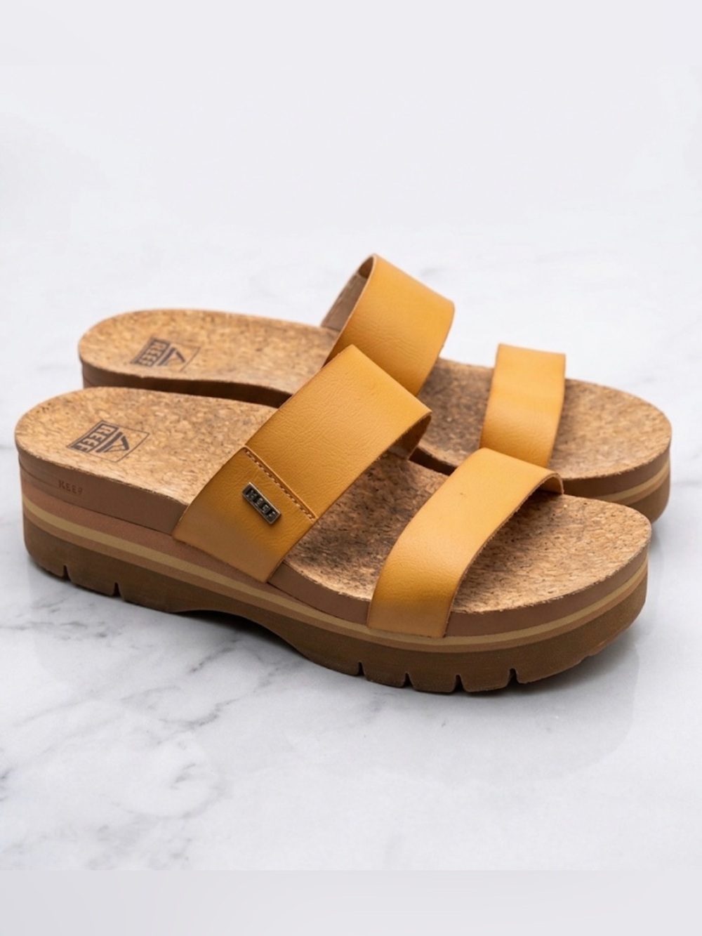 REEF Cushion Vista Higher Platform Slide Sandals Tan/Cork Size 11